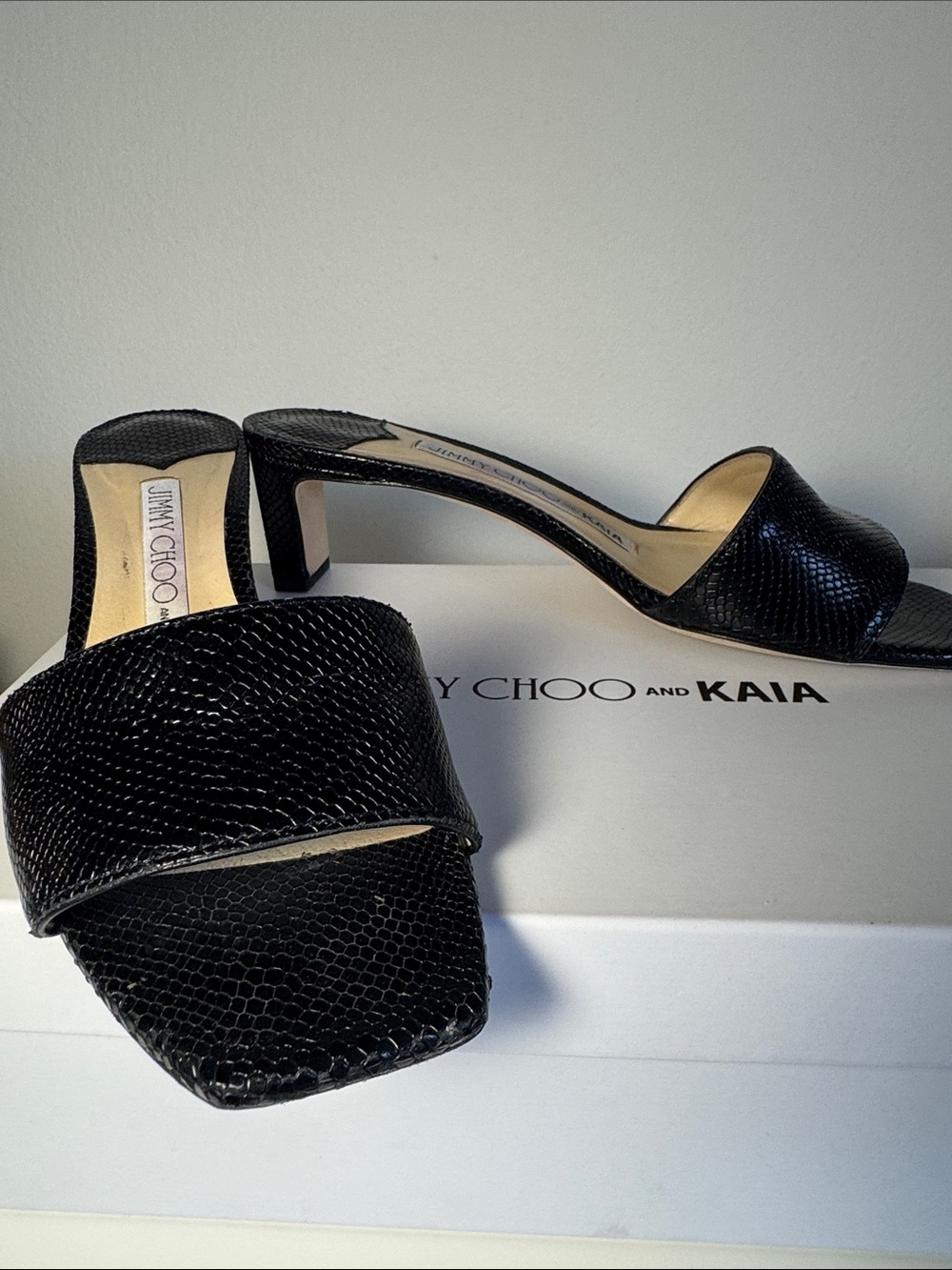 Jimmy Choo x Kaia Gerber Black Leather Slide Heels - Picture 2 of 8